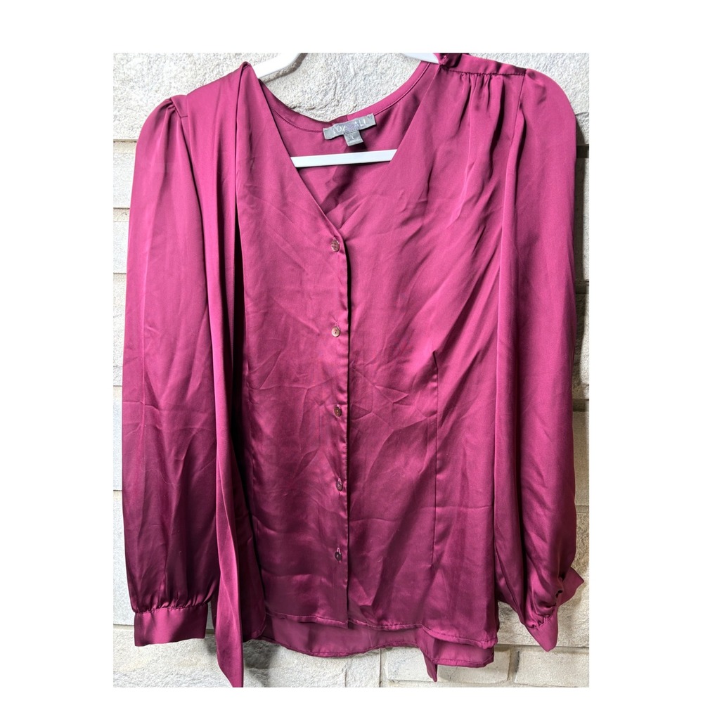 Roz & Ali Women Berry Wine Satin Button Front Tie Neck Blouse Long Sleeve Large